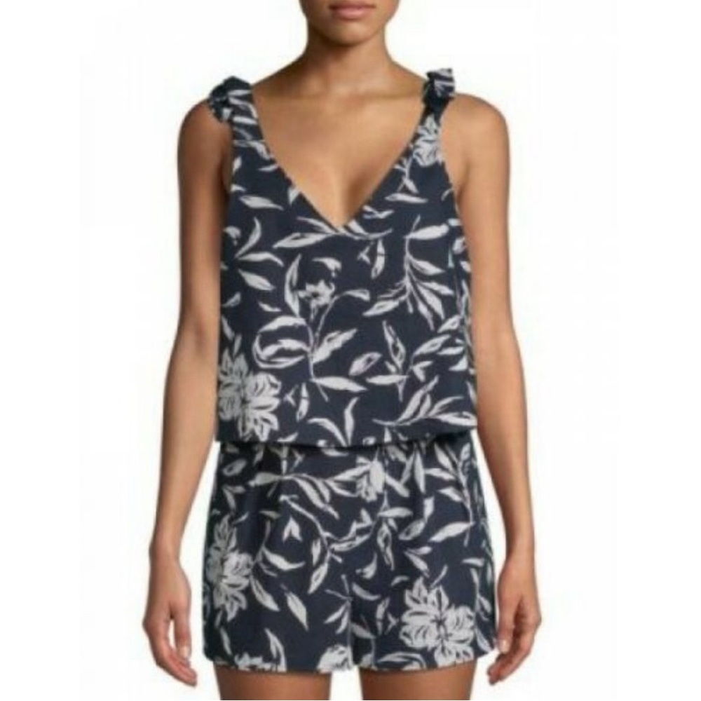 J.O.A. Los Angles Tie Shoulder Tropical  Floral Keyhole Back Linen Romper Small